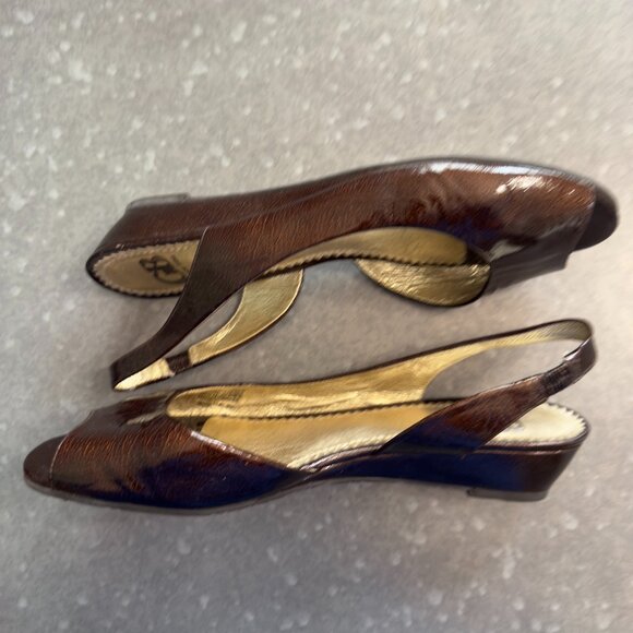 Gianni Bini Brown Crackled Leather Peep Toe Slingback Wedges – Size 9M - Picture 3 of 12